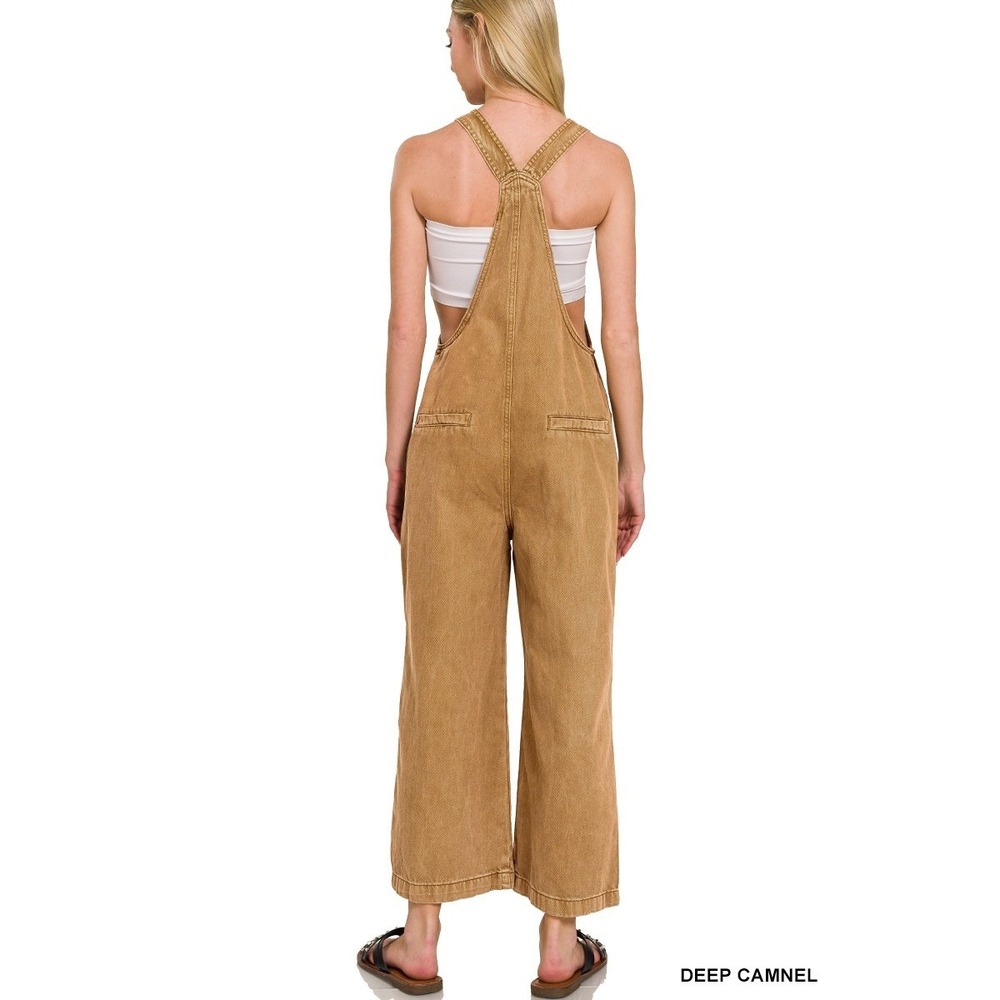 Zenana Womens Med Camel Washed Denim Knot Strap Jumpsuit Overalls Wide Leg NEW‎ - Picture 3 of 4